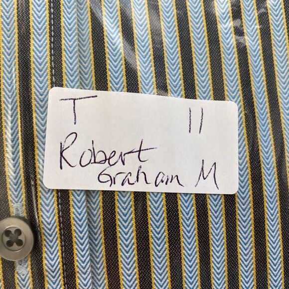 Robert Graham Button Up Shirt Men Medium Striped Blue Gray Velvet Trim Flip Cuff - Picture 16 of 16